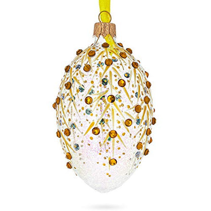 Hand-Painted Ukrainian Glass Christmas Ornament - Gold Branches Egg, 4 Inches