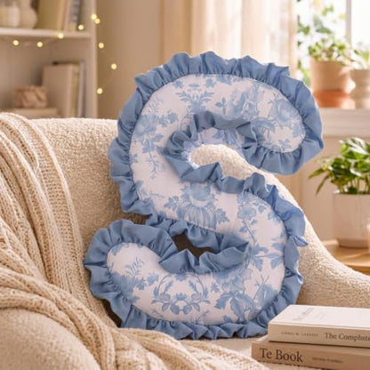 Marsui S Letter Throw Pillow Blue Floral Ruffle Dorm Decor 13.78x11.81''
