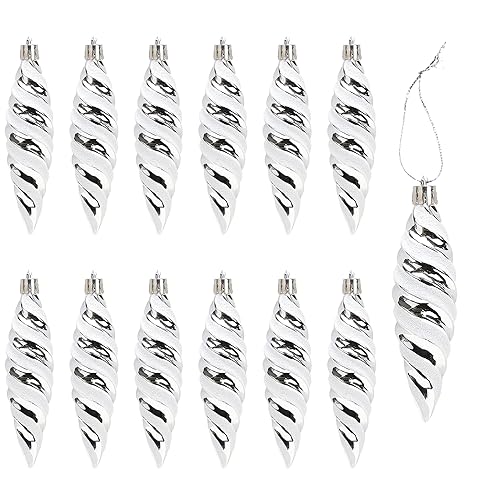 DAHI Silver Christmas Spiral Ornaments Set 12pcs Shatterproof Plastic Holiday Decor
