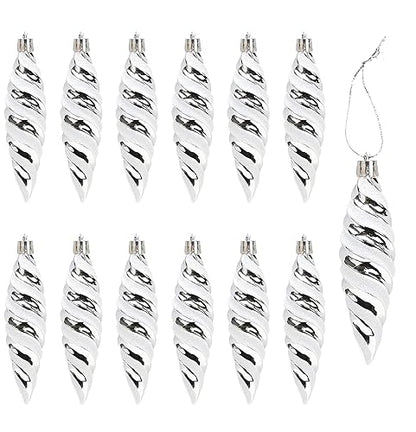 DAHI Silver Christmas Spiral Ornaments Set 12pcs Shatterproof Plastic Holiday Decor