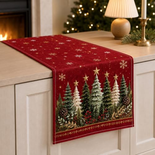 Christmas Table Runner Burgundy Red Tree Design for Holiday Dining