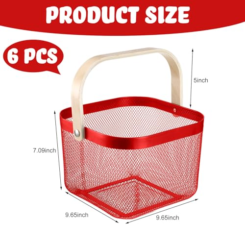 Heavy-Duty Metal Mesh Basket with Handle - 9.65 x 9.65 x 7.09 Inch Red Christmas Garden Storage Basket Set