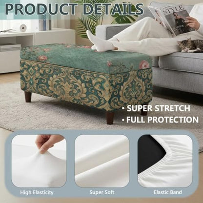 Vintage Peony Flower Large Ottoman Cover Stretch Slipcover with Elastic Bottom