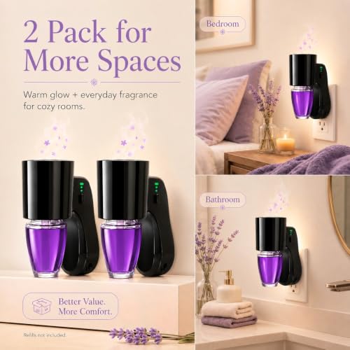 Black Wall Fragrance Plug with Night Light - 3 Intensity & Brightness Levels, 2 Pack