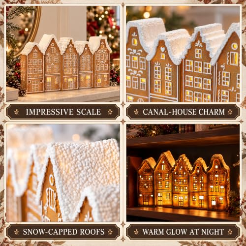 Lighted Gingerbread Christmas Village Decor - 14.5 Inch Holiday Scene with LED Lighting