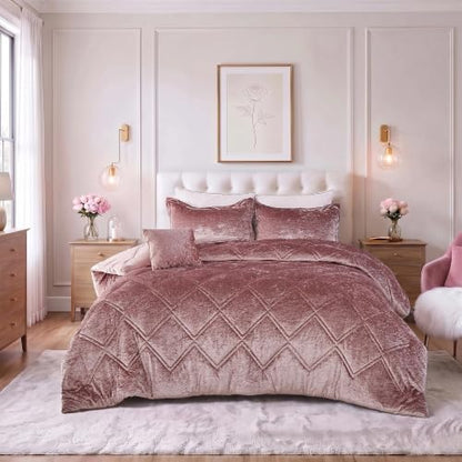 Queen Velvet Comforter Set with Diamond Quilting & Decorative Pillow - Blush
