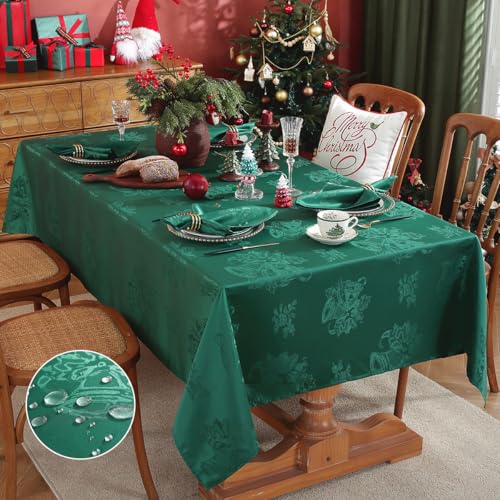 Christmas Tablecloth 60x84 Inch Green Jacquard Spill Proof Non Slip Holiday Decor