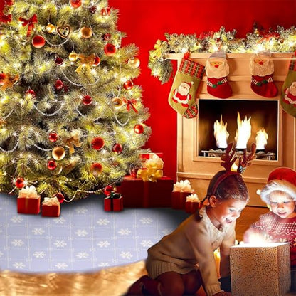 36 Inch White Christmas Tree Skirt with Sequin Snowflakes and Stockings - Holiday Decor