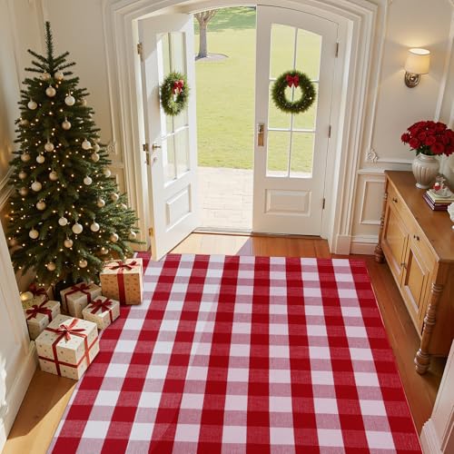 Christmas Buffalo Plaid Rug 5x7 Ft - Red & White Indoor Outdoor Decor