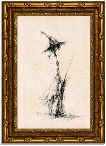 Vintage Witch Canvas Wall Art - Gold Frame Gothic Sketch Print, 11x9 Inches, Line Witch Variation