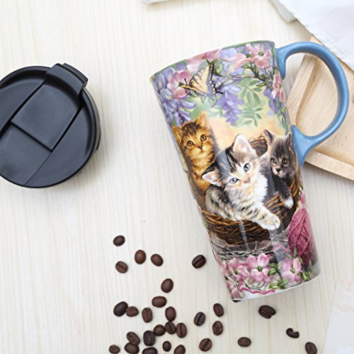 17oz Ceramic Travel Coffee Mug with Lid - Flower and Cat Design