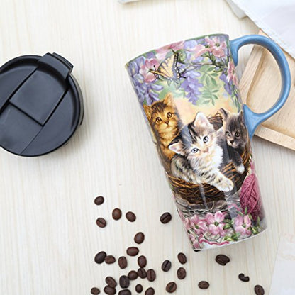 17oz Ceramic Travel Coffee Mug with Lid - Flower and Cat Design