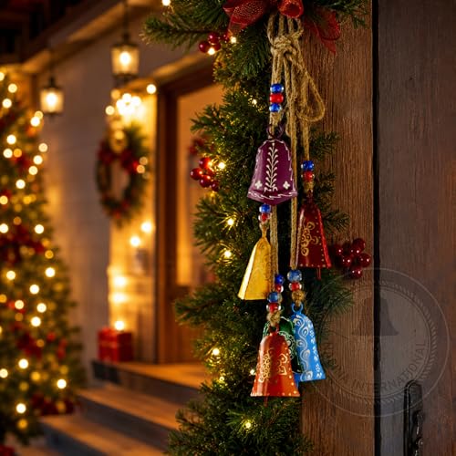 Holiday Christmas Bells Decoration Set with Hanging Ropes - Multicolor, 6 Pieces