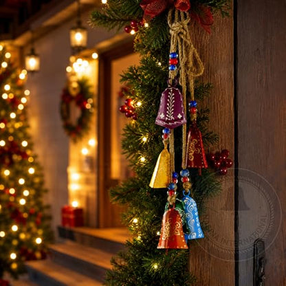 Holiday Christmas Bells Decoration Set with Hanging Ropes - Multicolor, 6 Pieces
