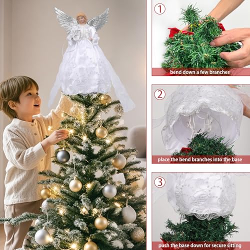 White Lighted Christmas Tree Topper Angel with 8 Lighting Modes - Elegant Holiday Decor