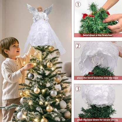 White Lighted Christmas Tree Topper Angel with 8 Lighting Modes - Elegant Holiday Decor