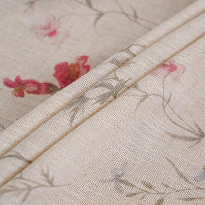 Beige Linen Farmhouse Floral Curtains Set - 2 Panels, 52x84 Inches, Boho Decor