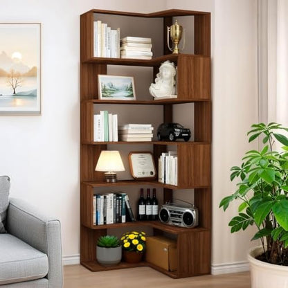 Walnut 6-Tier Corner Bookshelf Tall L-Shaped Bookcase for Home Office and Living Room