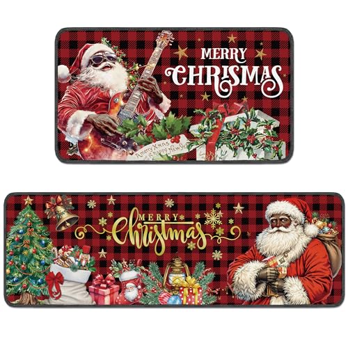 Romart Christmas Kitchen Rugs Set of 2 Black Santa Plaid Santa Claus & Tree Designs