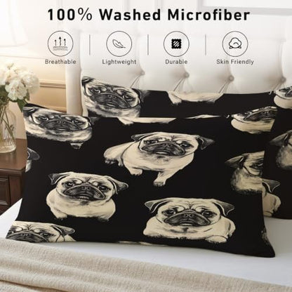 Full Size Pug Dog Pet Bed Sheet Set - Cartoon Microfiber Bedding with Deep Pockets - Black & Beige - 4 Piece