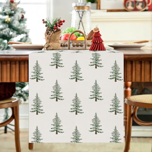 Beige Christmas Tree Table Runner 13x72 Inch Farmhouse Holiday Decor
