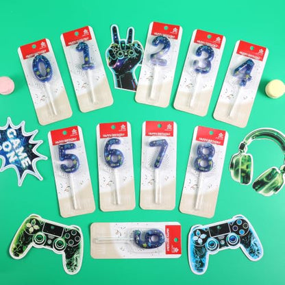 Blue Video Game Birthday Candle Gamer Number 5 Cake Topper - Level Up Design