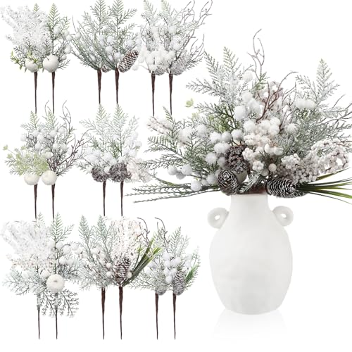 Shiny White Christmas Floral Picks 16 Pcs Artificial Berries & Pine Cones