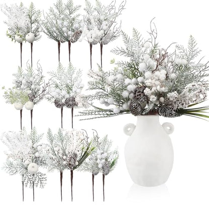 Shiny White Christmas Floral Picks 16 Pcs Artificial Berries & Pine Cones