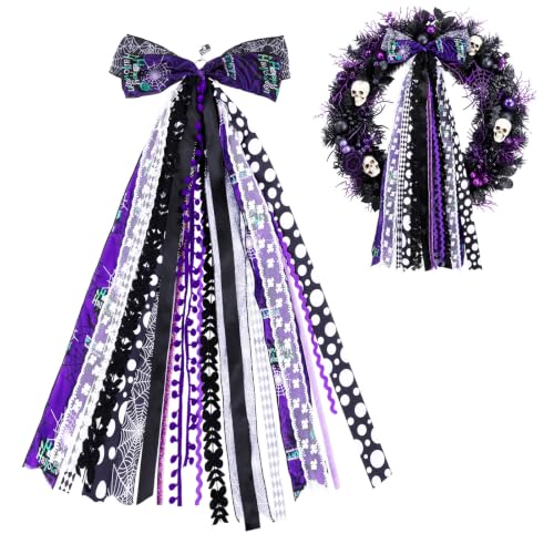 Halloween Wreath Sash for Front Door Black & Purple Ribbon Bows with Clip - Spooky Seasonal Decor