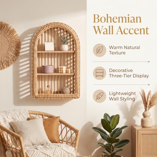 Natural Wood Rattan Wall Shelf - 3 Tier Boho Arched Wicker Hanging Shelves