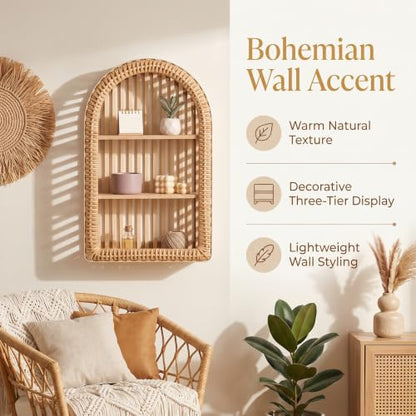 Natural Wood Rattan Wall Shelf - 3 Tier Boho Arched Wicker Hanging Shelves