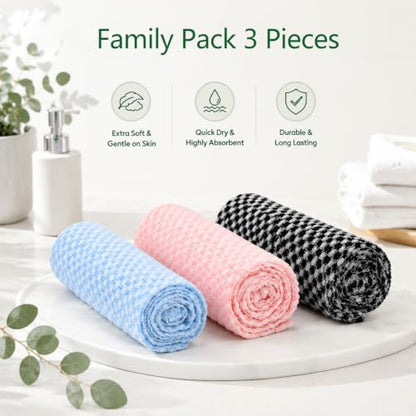 Exfoliating Washcloth Back Scrubber 3 Pcs - Black Blue Pink Japanese Shower Towels