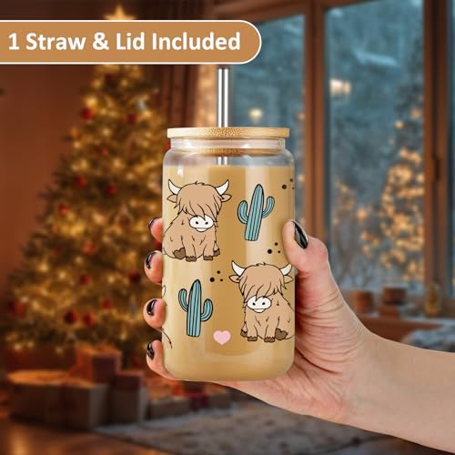 Highland Cow Mug - Rustic Glass Cup with Lid, Straw & Gift Box for Cow Lovers
