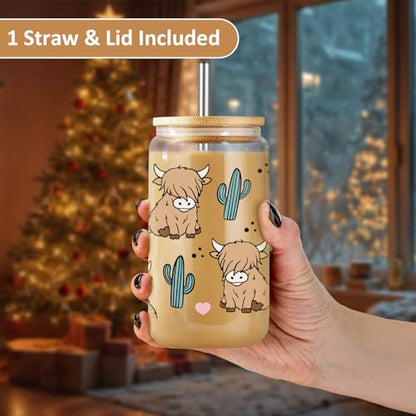 Highland Cow Mug - Rustic Glass Cup with Lid, Straw & Gift Box for Cow Lovers