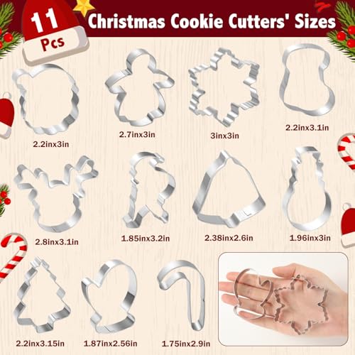 Christmas Cookie Cutters Set - 11 Stainless Steel Shapes Including Snowflake, Snowman, Bell & More | Holiday Baking Supplies