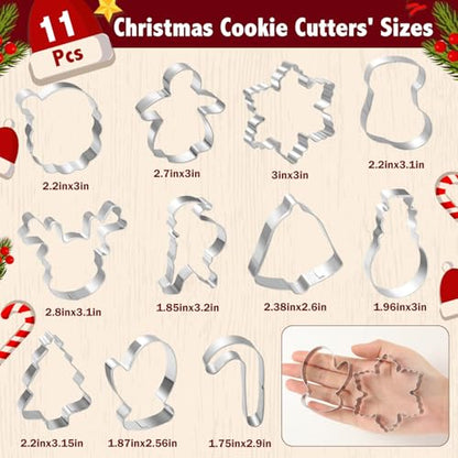 Christmas Cookie Cutters Set - 11 Stainless Steel Shapes Including Snowflake, Snowman, Bell & More | Holiday Baking Supplies