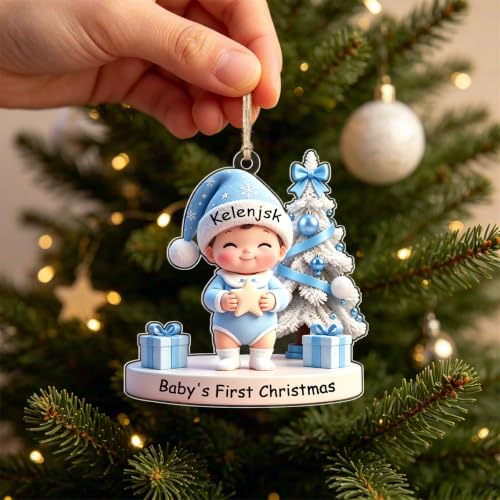12 Pcs Baby's First Christmas Ornament Set - Blue Acrylic Flat Keepsake Decorations with Pen