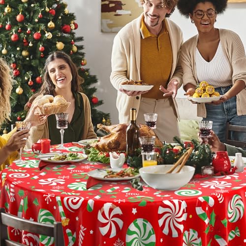 6Pcs Christmas Candy Cane Tablecloth Set - Red Green 84 Inch Round Holiday Decor