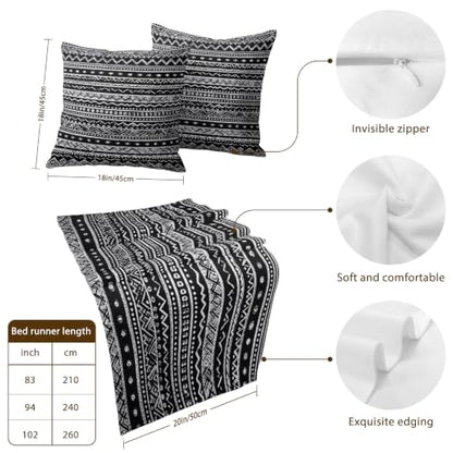 94x20 Inch Boho Bed Runner Set with 2 Pillow Covers - Black White Tribal Geometric