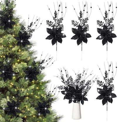 Black Glitter Artificial Poinsettia Picks - Christmas Decorations, 4 Pack