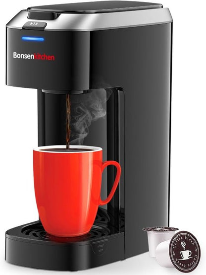 Bonsenkitchen Single Serve Coffee Maker - Fast Brewing Machine with Strength Control | Fits 6.6" Travel Mugs, Silver