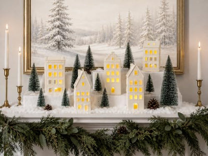 15PCS Lighted Christmas Village Set Ceramic Houses & Trees - Indoor Holiday Decor
