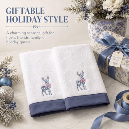 Chinoiserie Reindeer Hand Towels - Blue and White Christmas Decor, Set of 2