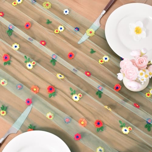 Sage Flower Table Runner Floral Daisy Cheesecloth Wedding Decor - Sage / 1