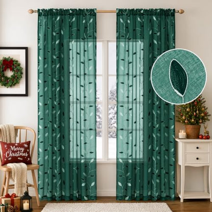 MIULEE Christmas Hunter Green Sheer Curtains Leaf Patterned 52"W x 96"L, Pack of 2