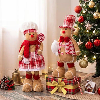 Large Christmas Gingerbread Plush Doll Set with Retractable Legs - Red Plaid