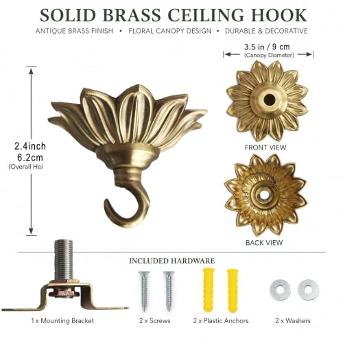 Sunflower Petal Brass Ceiling Plant Hook - 3.5 Inch Decorative Hanging Hook