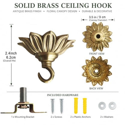 Sunflower Petal Brass Ceiling Plant Hook - 3.5 Inch Decorative Hanging Hook