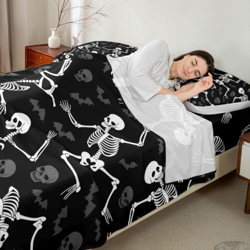 Obsidian Black & Off-White Queen Bed Sheet Set with Skeleton Print & Deep Pockets