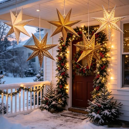Paper Star Lantern Set of 5 Foldable 3D Hanging Decorations with Light - Brown Mix